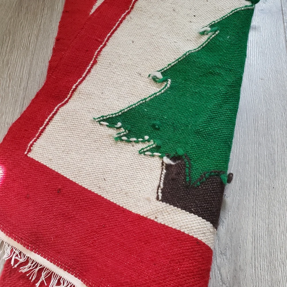 Vintage Fringe Christmas Tree Rug Wool Rectangular Simplistic Rugged Nice As Is
